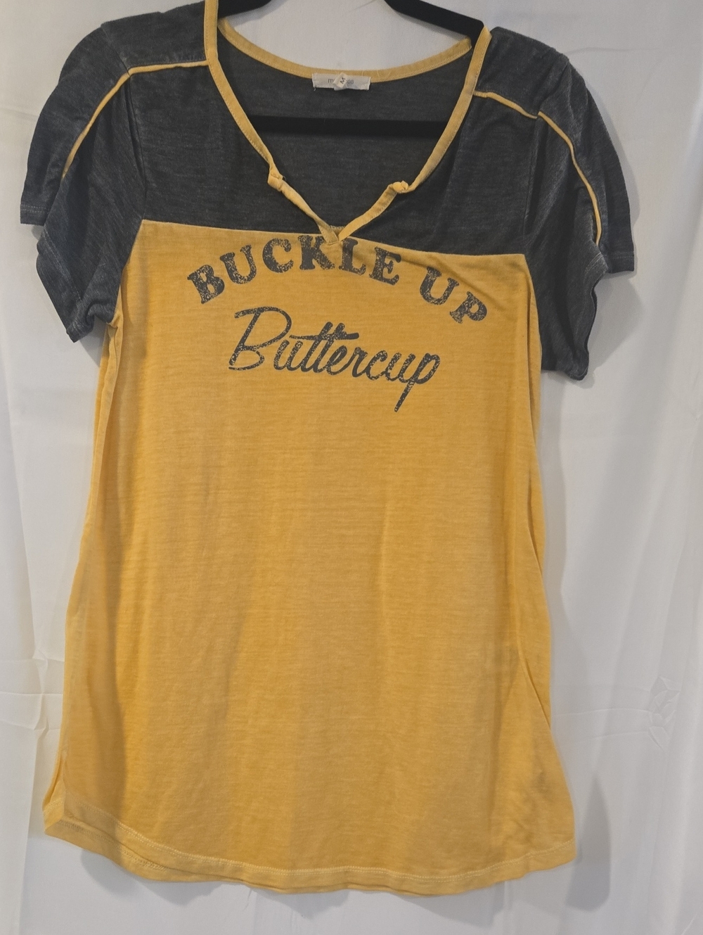 Maurices Two-Tone 'Buckle Up Buttercup' Short Sleeve Tee - Yellow & Charcoal